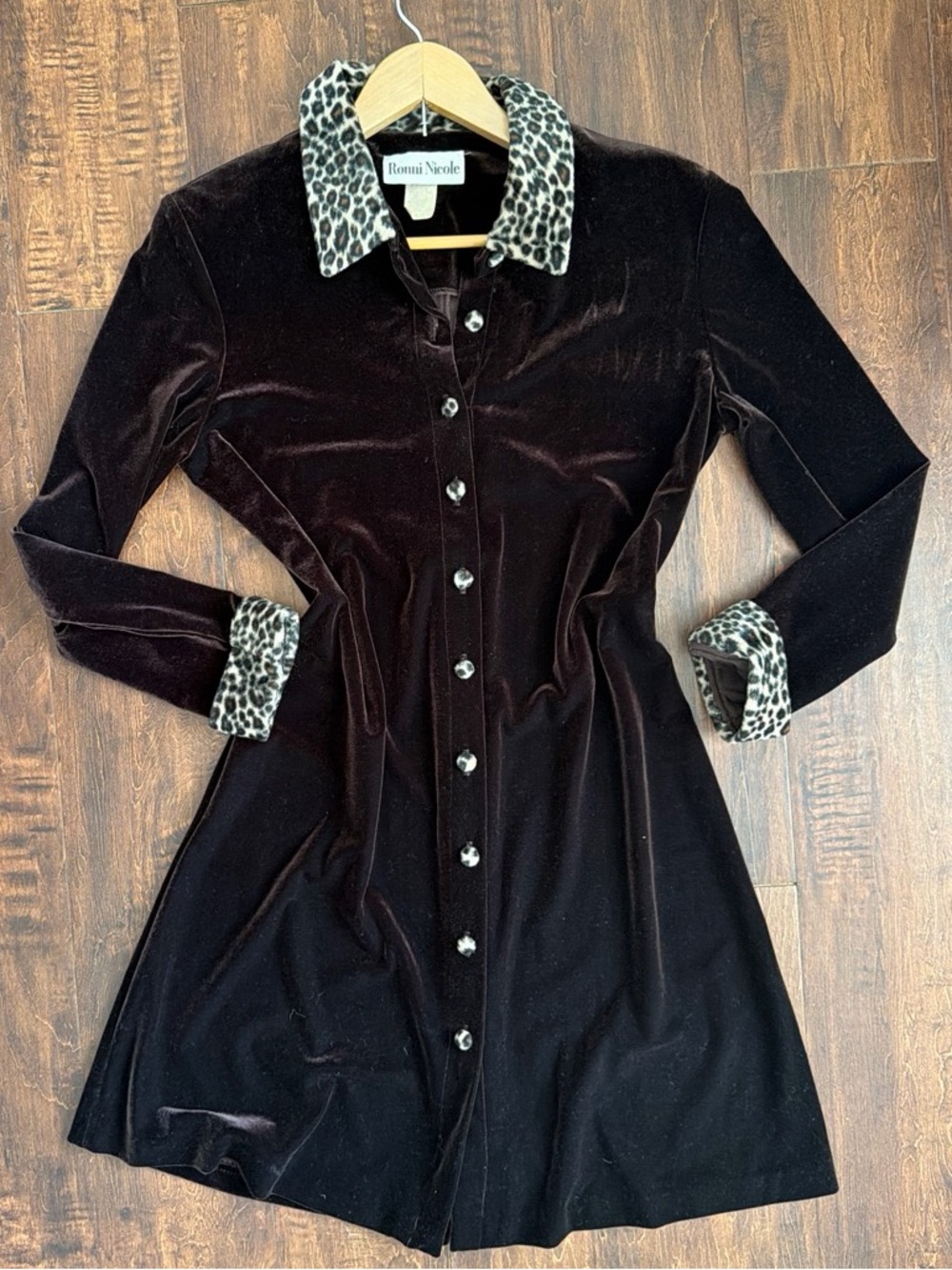 Ronni Nicole Brown Velvet Dress with Leopard Collar and Cuffs